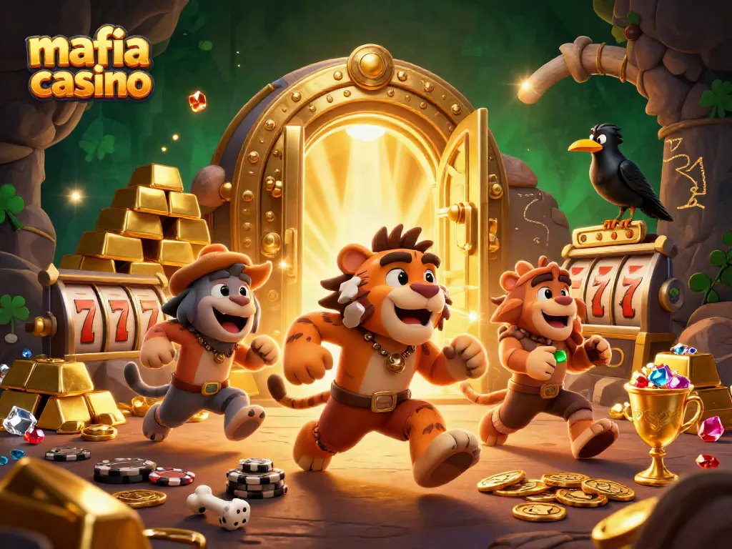Mafia casino scene with cartoon caveman and sabertooth tiger managing fun games.