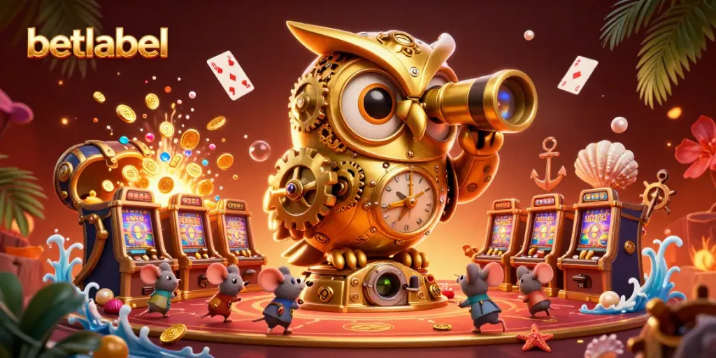 Betlabel showcases a vibrant casino scene with an owl and adventurous mice amidst dynamic game elements.