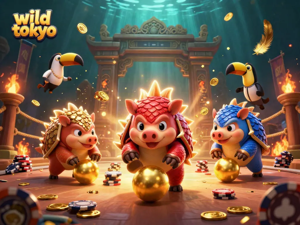 Experience thrilling action at wild tokyo casino with pangolins bowling golden balls and chips.