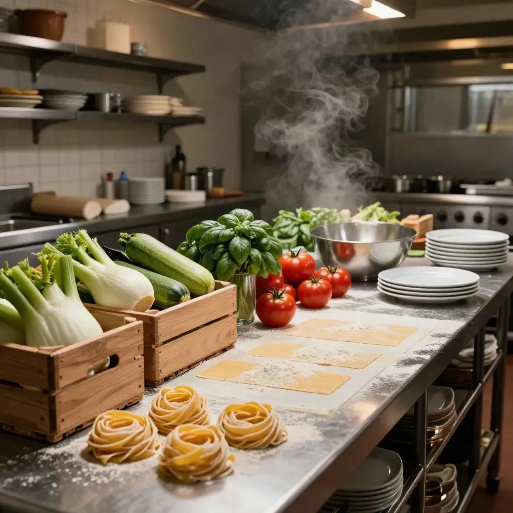 Banco di cucina con verdure di stagione, pasta fresca, erbe e piatti pronti in una cucina italiana.