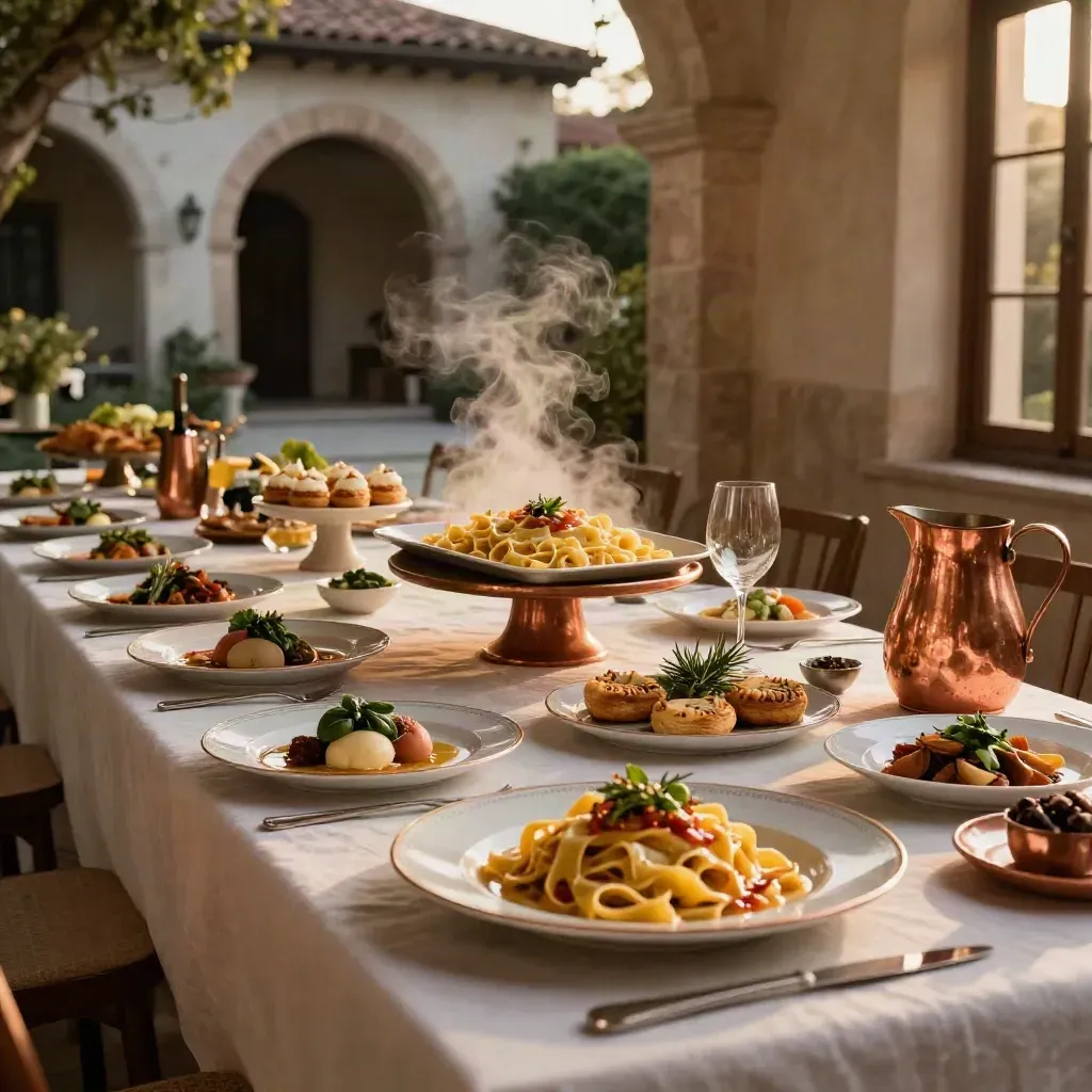 Tavola scenica con piatti italiani, pasta fresca e dessert in luce cinematografica.