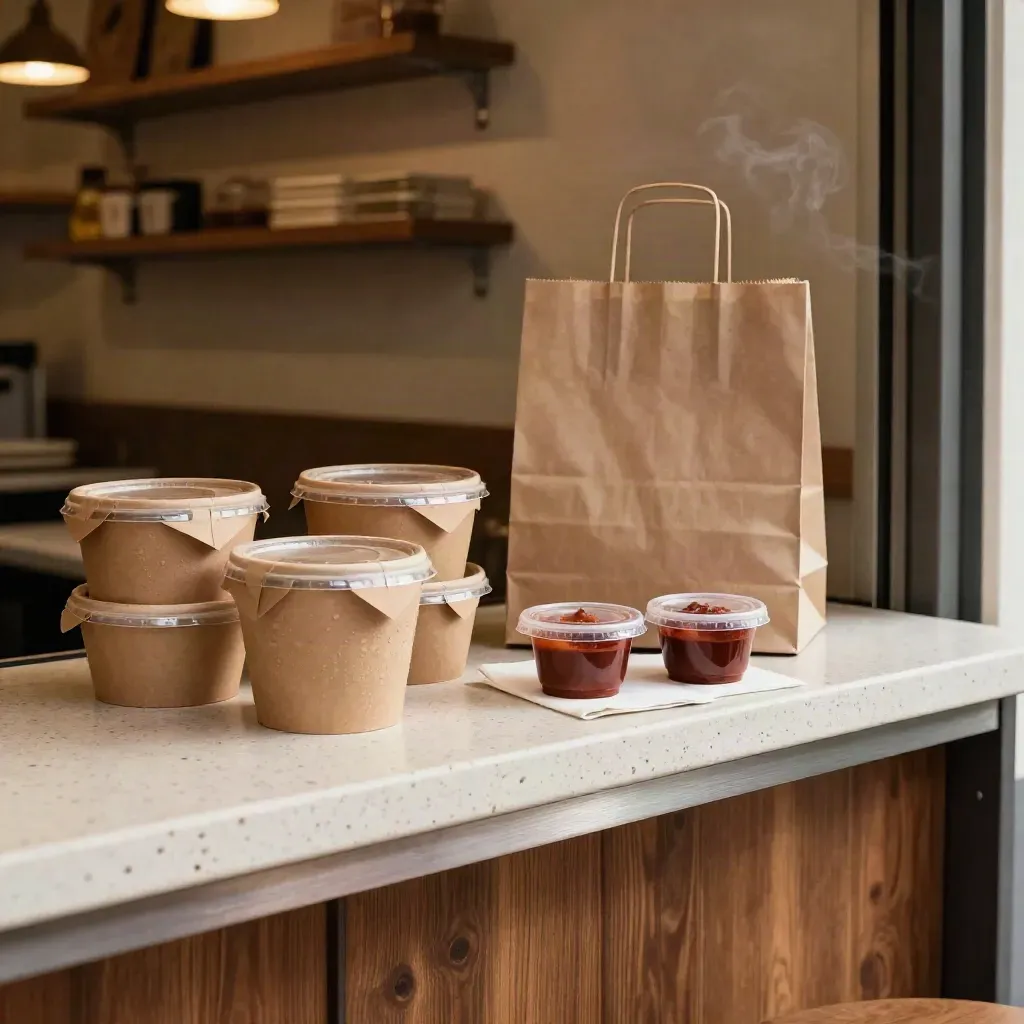 Ordine take-away con contenitori kraft, pasta sigillata, sacchetto neutro e salse sul banco.