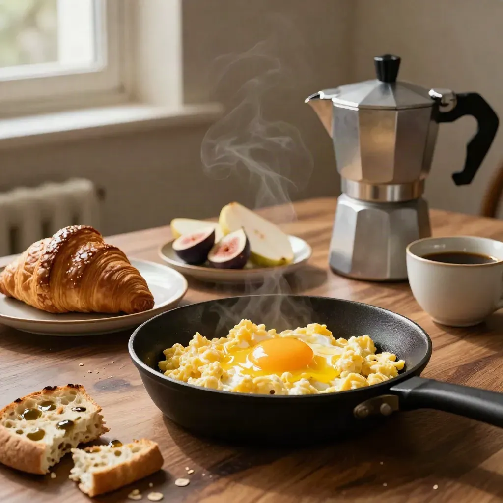 Brunch domenicale con uova, focaccia, croissant, moka e frutta su tavolo caldo.