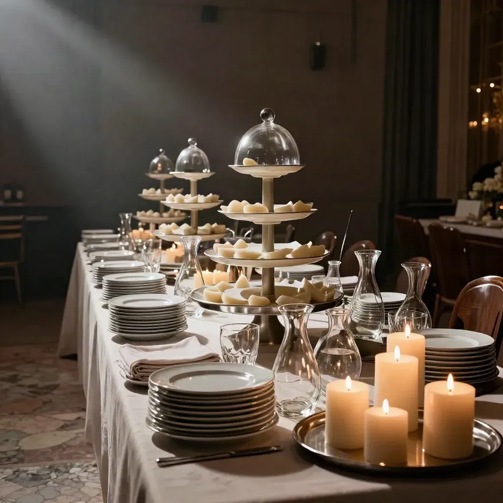 Buffet elegante per eventi con alzate, cloche, caraffe e candele in sala