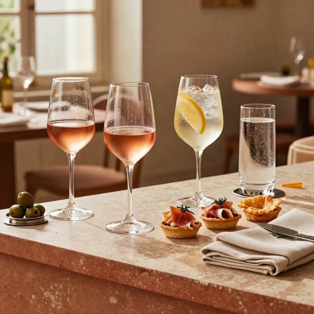 Bicchieri con rosato, bevanda agrumata e acqua frizzante accanto ad assaggi salati.
