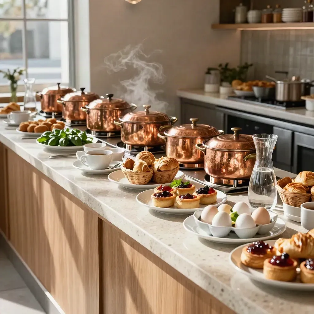 Buffet brunch domenicale ordinato con piatti caldi, dolci, pane, caffè e vapore leggero.