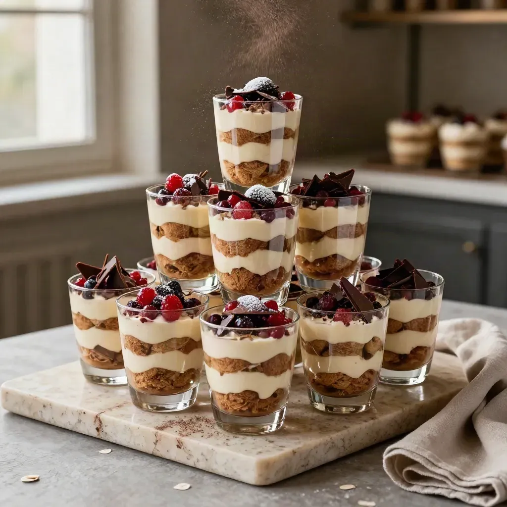Torre di dessert con tiramisù, torta glassata, frutti rossi e cacao in luce soffusa.