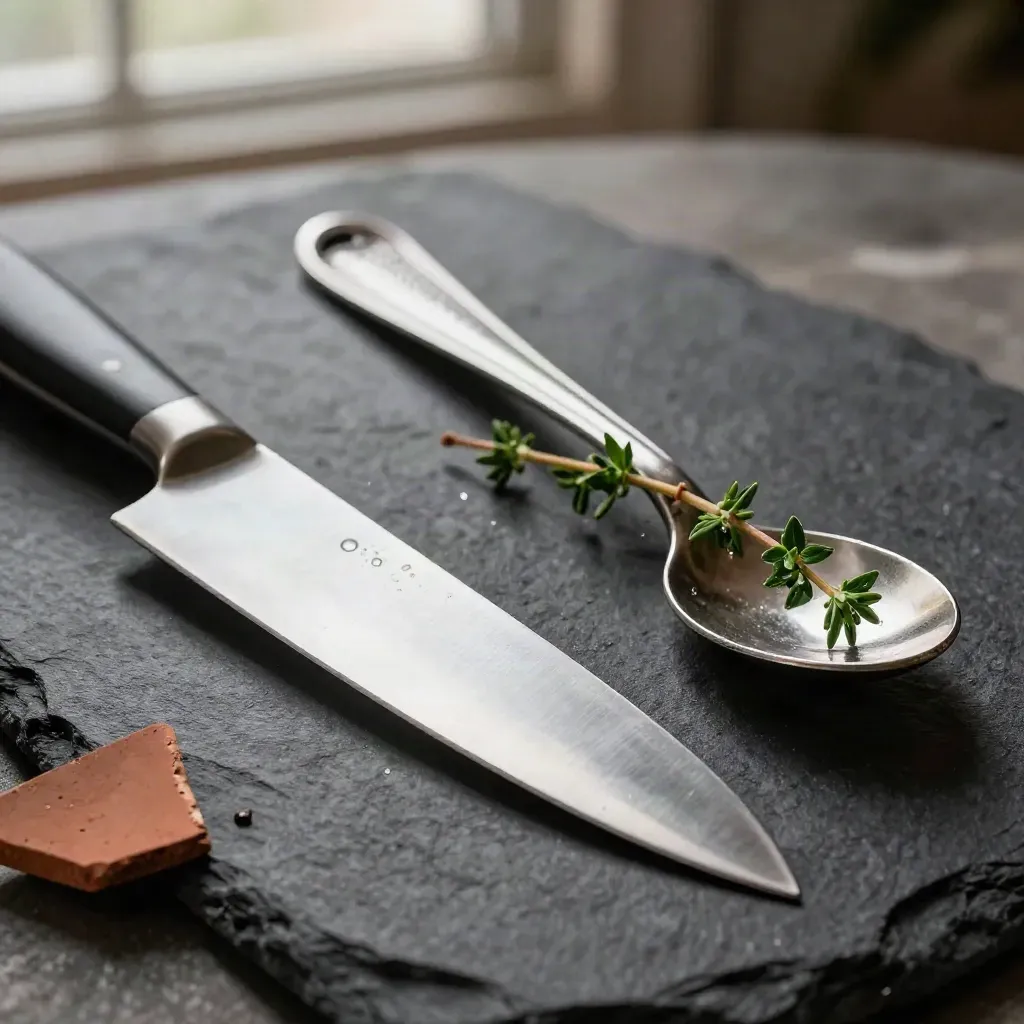 Coltello, microplane, cucchiaio e timo su pietra scura in macro ravvicinato