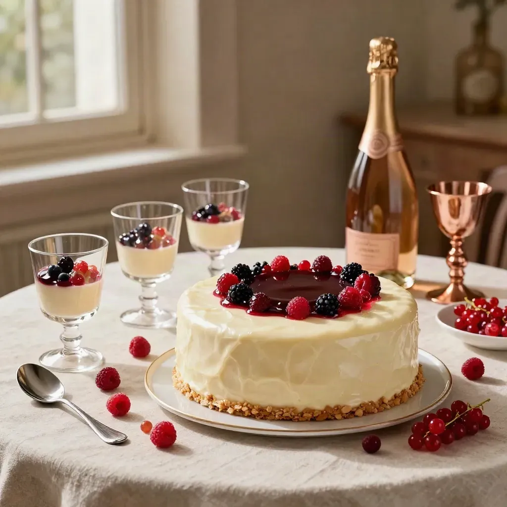 Torta celebrativa, dessert al cucchiaio, flute vuoti e frutti rossi su tavolo pronto al brindisi.