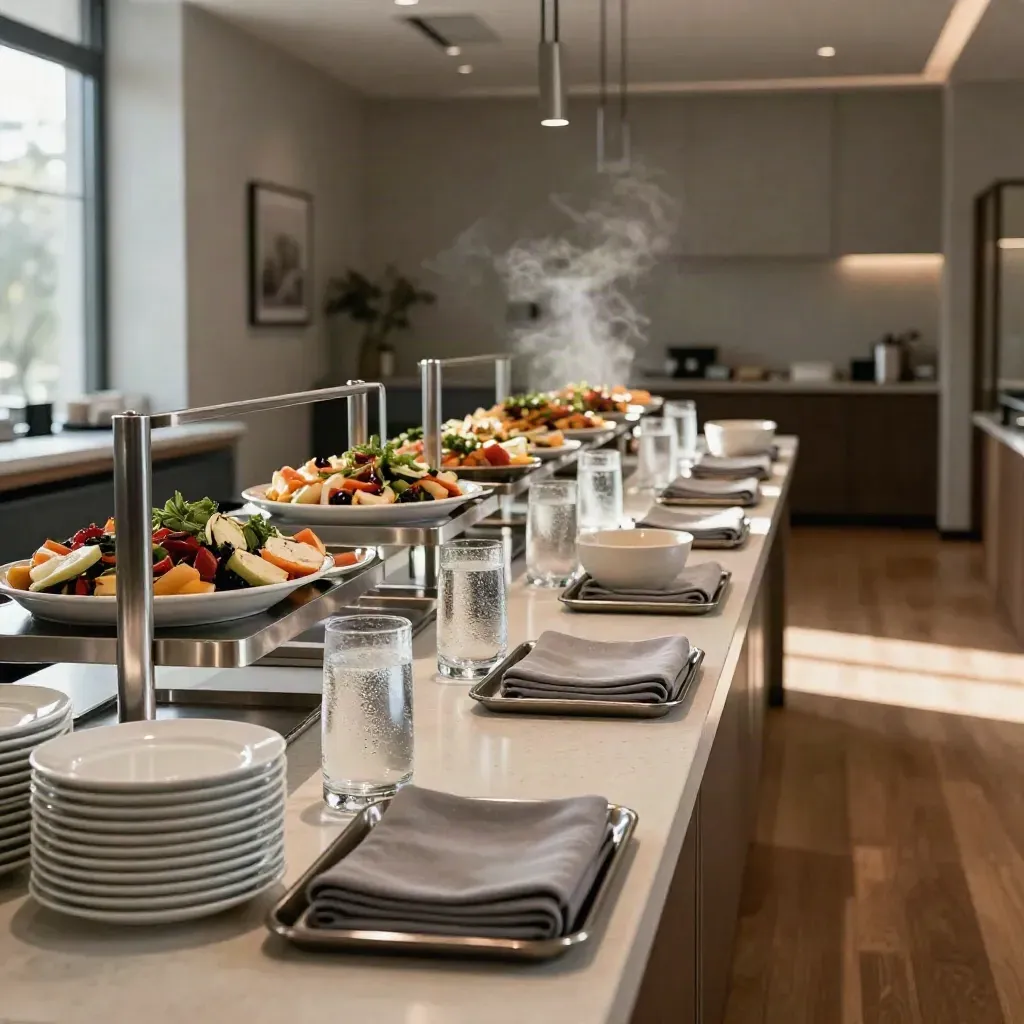 Buffet aziendale pronto in sala meeting con alzate, caraffe e vassoi in ordine.