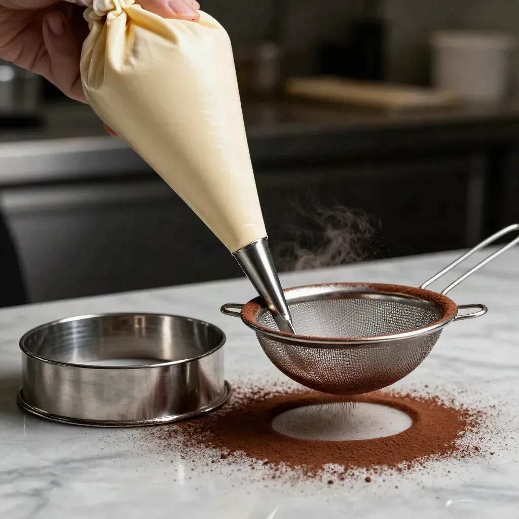 Sac à poche, spatola offset, anello da torta e setaccio con cacao su marmo da pasticceria.