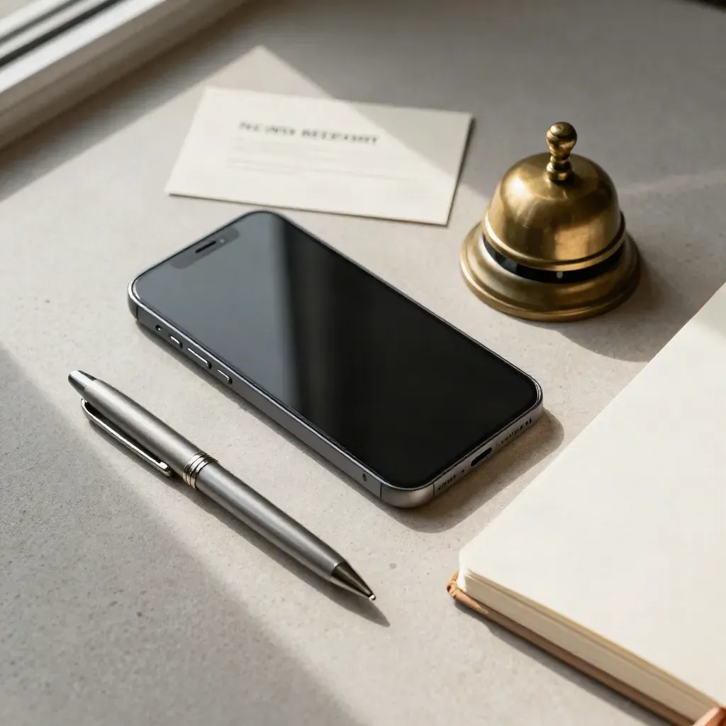 Flat lay di smartphone spento, campanello in ottone, taccuino chiuso e penna su pietra chiara.