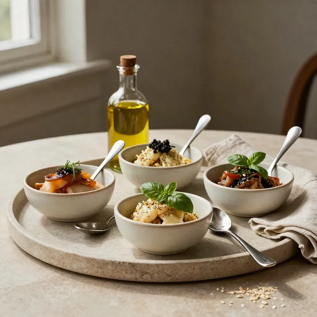 Tre ciotoline degustazione con cucchiaini, olio e basilico su vassoio di pietra