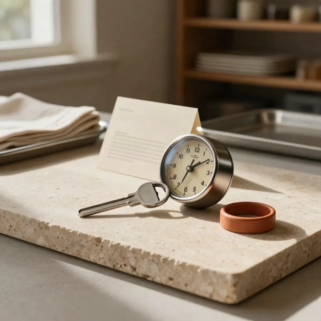 Chiave di servizio, timer, clip e anello su pietra, con card crema sfocata.