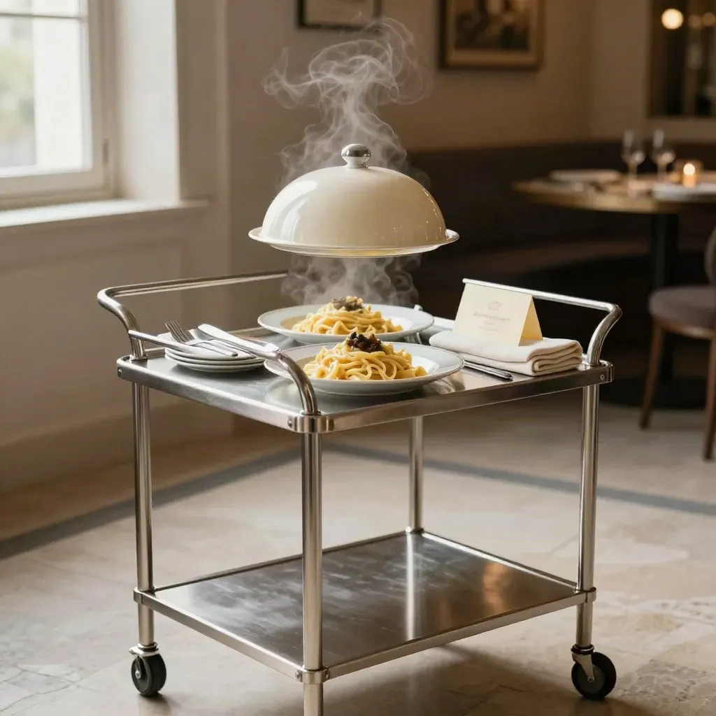 Carrello di servizio con cloche, piatti caldi, posate e tovagliato piegato in luce morbida