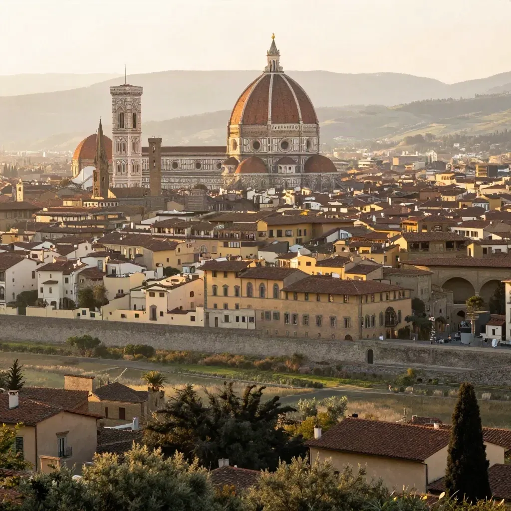 Firenze dall’alto con cupola, tetti e colline toscane immerse nella luce del mattino