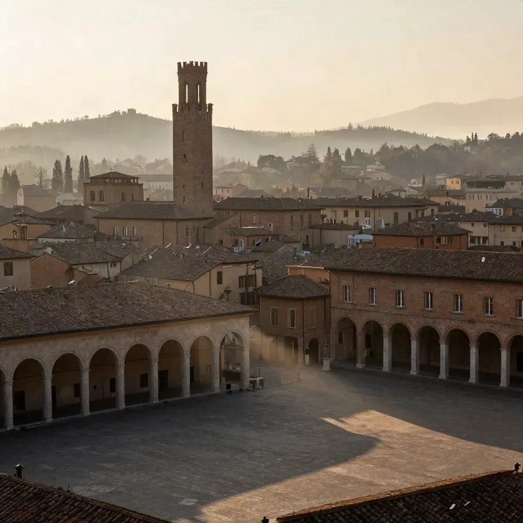 Bologna all’alba con portici, torre alta e colline velate nella foschia.